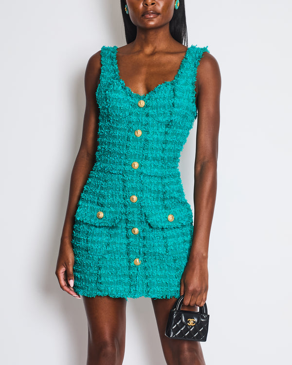 Balmain Teal Sleeveless Tweed Button Down Mini Dress With Pocket Details Size FR 36 (UK 8)