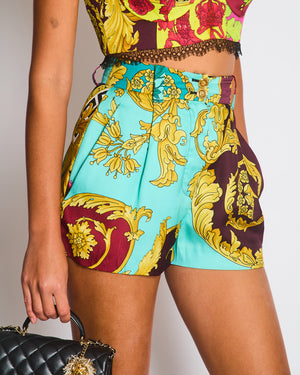 Versace Yellow, Black, Brown Medusa Pattern Bustier and Shorts Set with Lace & Gold Button Details Size IT 36/40 (UK 4/8)