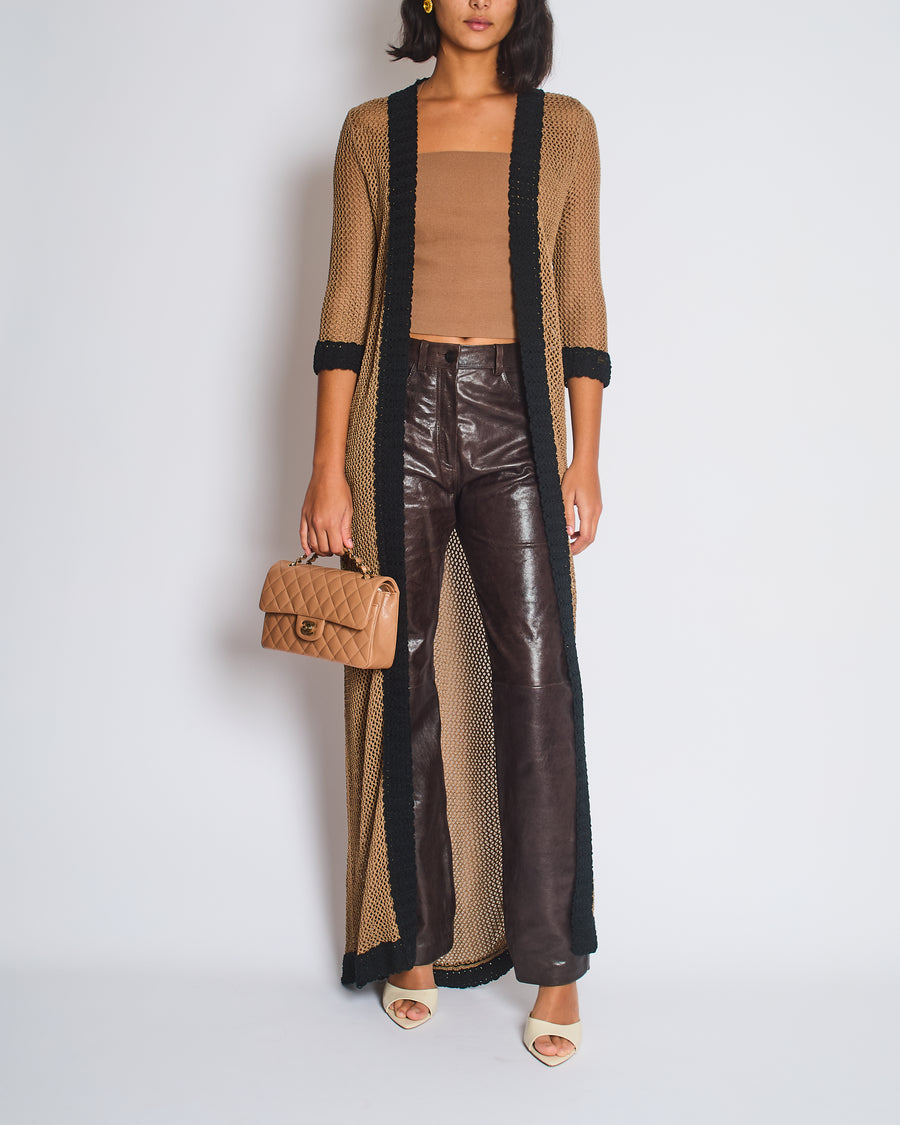 Chanel 03/P Brown Crochet Knitted Long Line Cardigan with Black Trim Detail Size FR 40 (UK 12)
