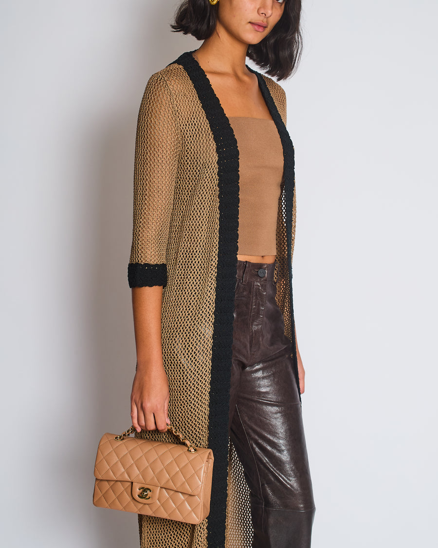 Chanel 03/P Brown Crochet Knitted Long Line Cardigan with Black Trim Detail Size FR 40 (UK 12)