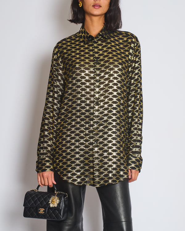 Celine Black & Metallic Gold Jacquard Silk Shirt with Triomphe Logo Pattern and Buttoned Cuffs Size FR 40 (UK 12)