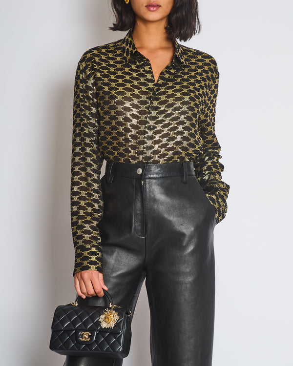 Celine Black & Metallic Gold Jacquard Silk Shirt with Triomphe Logo Pattern and Buttoned Cuffs Size FR 40 (UK 12)