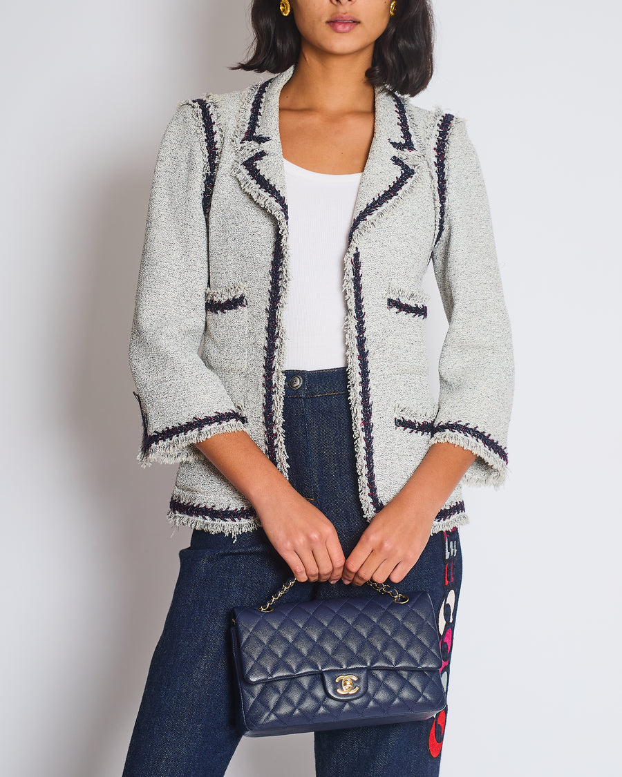 Chanel 08P Light Grey Tweed Jacket with Contrast Navy and Red Tweed Trim with CC Detail Buttons On The Cuff Size FR 38 (UK 10)