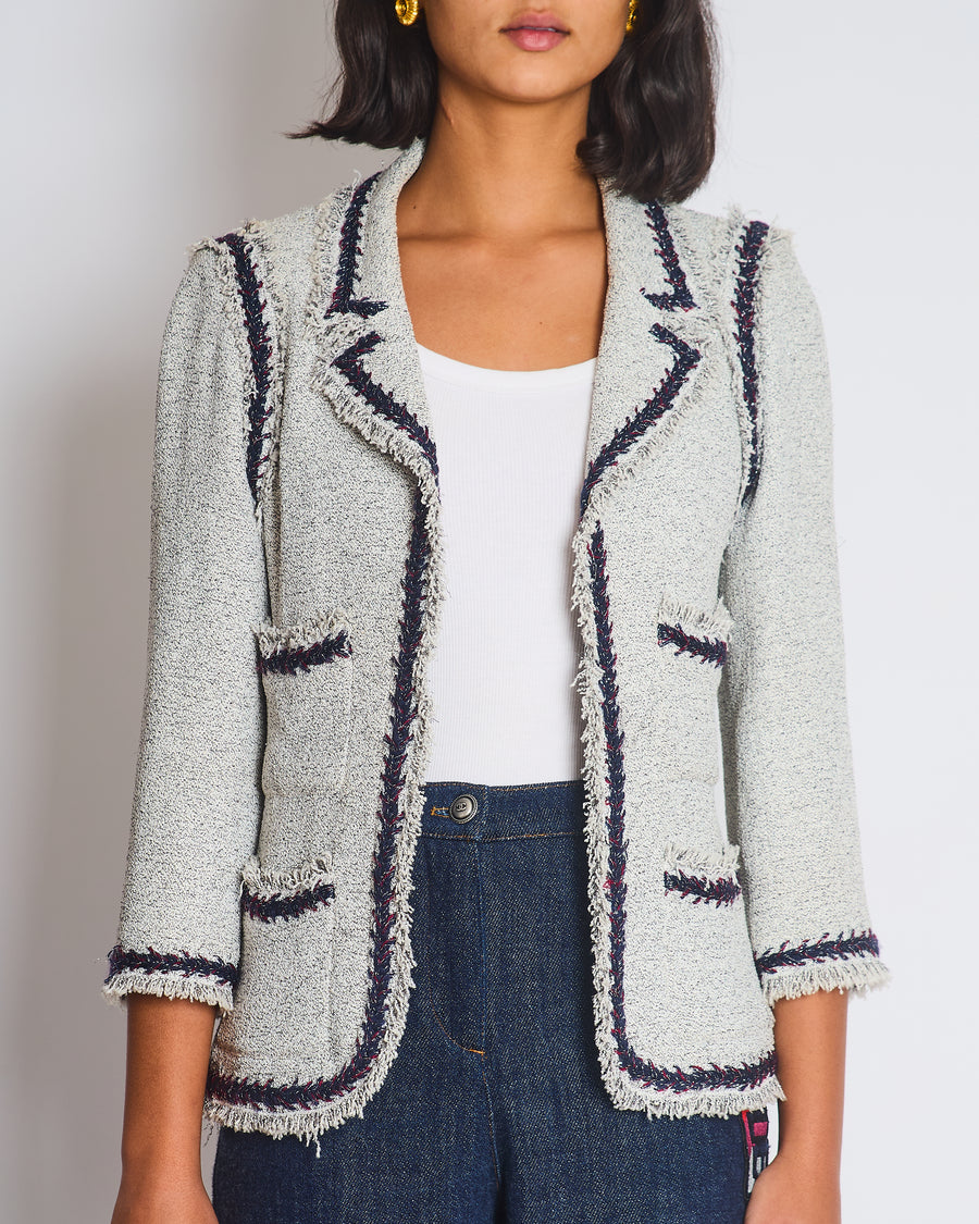 Chanel 08P Light Grey Tweed Jacket with Contrast Navy and Red Tweed Trim with CC Detail Buttons On The Cuff Size FR 38 (UK 10)