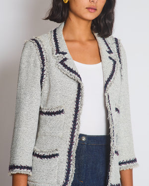 Chanel 08P Light Grey Tweed Jacket with Contrast Navy and Red Tweed Trim with CC Detail Buttons On The Cuff Size FR 38 (UK 10)