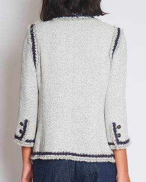 Chanel 08P Light Grey Tweed Jacket with Contrast Navy and Red Tweed Trim with CC Detail Buttons On The Cuff Size FR 38 (UK 10)