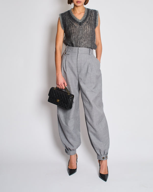 Loewe Grey Pinstripe Wool Balloon Trousers with Buttoned Ankle Cuffs Size FR 42 (UK 14)