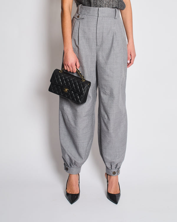 Loewe Grey Pinstripe Wool Balloon Trousers with Buttoned Ankle Cuffs Size FR 42 (UK 14)