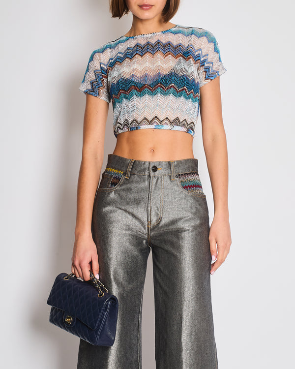 Missoni Blue & White Zig Zag Open-Knit Crop Top Size IT 38 (UK 6)
