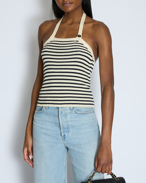 Christian Dior Ecru & Navy Striped Knit Halter Neck Top With Button Detail Size FR 36 (UK 8)