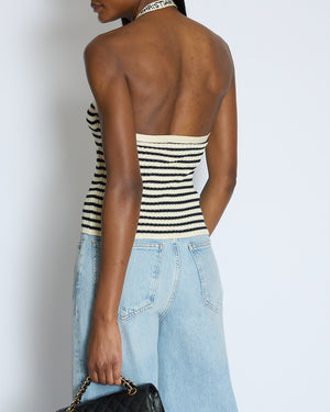 Christian Dior Ecru & Navy Striped Knit Halter Neck Top With Button Detail Size FR 36 (UK 8)