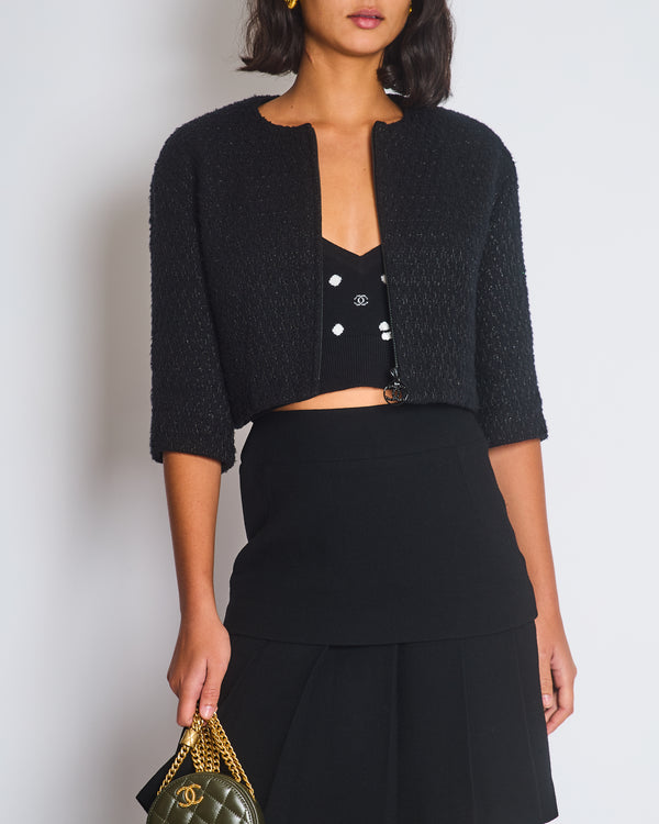 Chanel Black Collarless Long Sleeve Cropped Tweed Zip-Up Jacket Size FR 38 (UK 10)