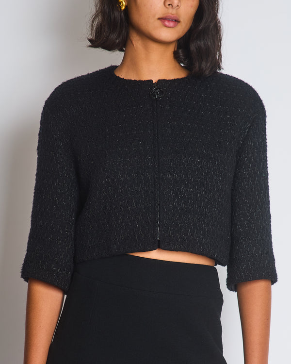 Chanel Black Collarless Long Sleeve Cropped Tweed Zip-Up Jacket Size FR 38 (UK 10)