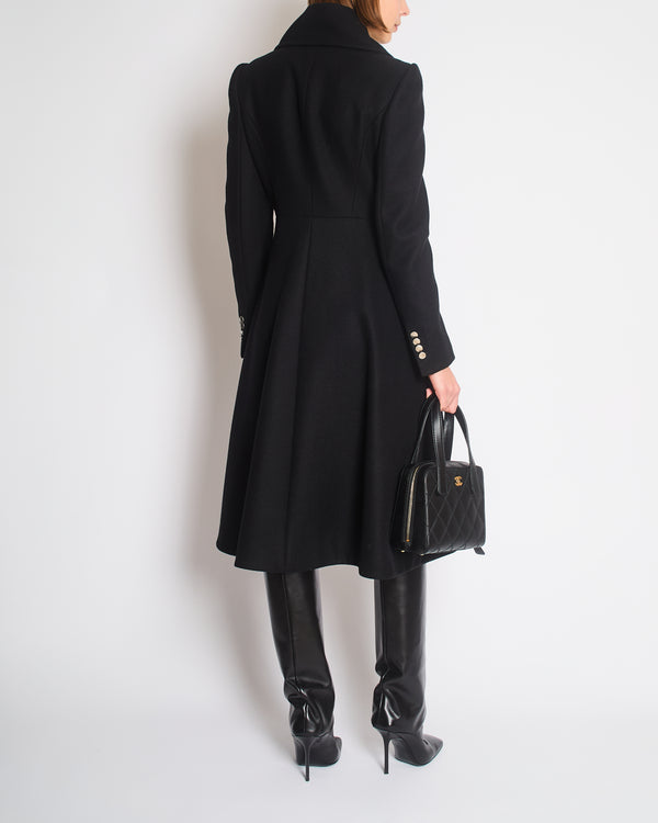 Alexander McQueen Black Flared Wool Coat With Silver Buttons And Oversized Lapels Size IT 40 (UK 8)