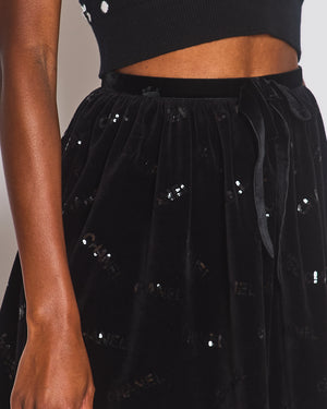 Chanel 22N Black Mini Suede Skirt With Sequin Logo Size FR 34 (UK 6)