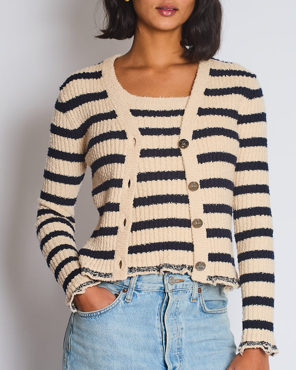 Christian Dior Cream and Navy Striped Knitted Cardigan and Top Set Size FR 36 (UK 8) RRP £2,100