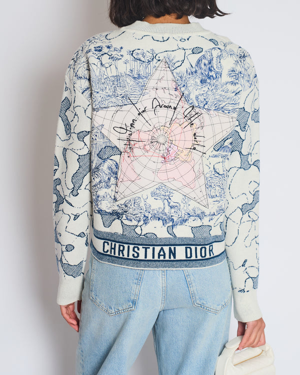 Christian Dior Blue and White Around the World Cashmere Jumper with Embroidery and Logo Band Size FR 36 (UK 8)