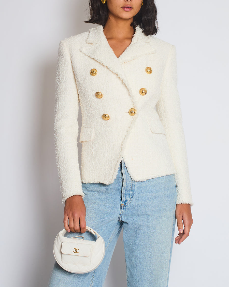Balmain White Tweed Double Breasted Blazer with Gold Buttons Size FR 36 (UK 8)