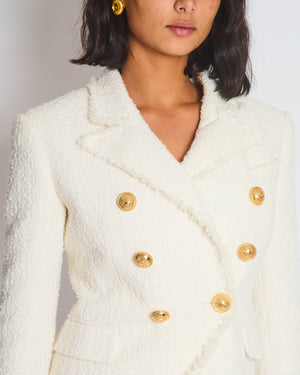 Balmain White Tweed Double Breasted Blazer with Gold Buttons Size FR 36 (UK 8)