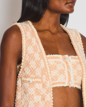 Chanel 23/S Dusty Pink & Ecru Tweed Gilet & Bralette Top with Crystal CC Buttons Detail Size FR 36 (UK 8)