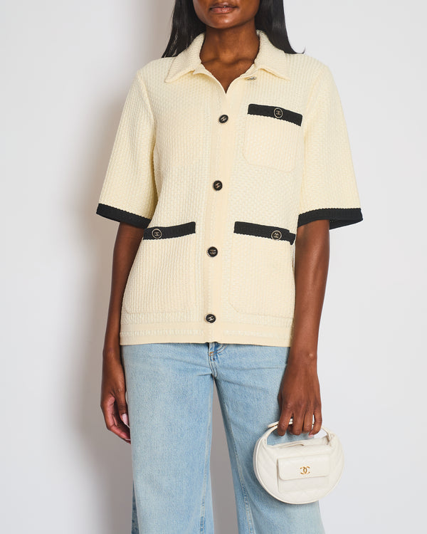 Chanel 24P Cream & Black Tweed Short Sleeve Cardigan & Bralette Top with Black CC Buttons Detail Size FR 34 (UK 6)