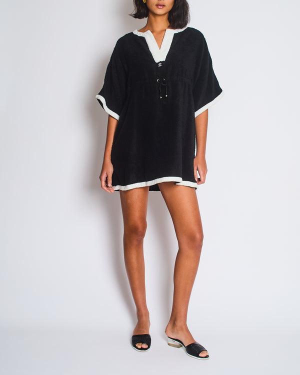 Chanel 23/M Black Terry Coco Beach Mini Cover Up Dress with CC Logo detail FR 36 (UK 8)
