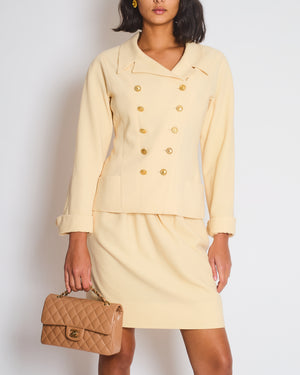 Chanel Vintage Cream Double Breasted Wool Blazer Jacket and Skirt Set with Gold CC Logo Button Detail FR 36 (UK 8)