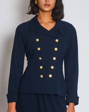 Chanel Vintage Navy Double Breasted Wool Blazer Jacket and Skirt Set with Gold CC Logo Button Detail FR 38 (UK 10)