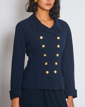 Chanel Vintage Navy Double Breasted Wool Blazer Jacket and Skirt Set with Gold CC Logo Button Detail FR 38 (UK 10)