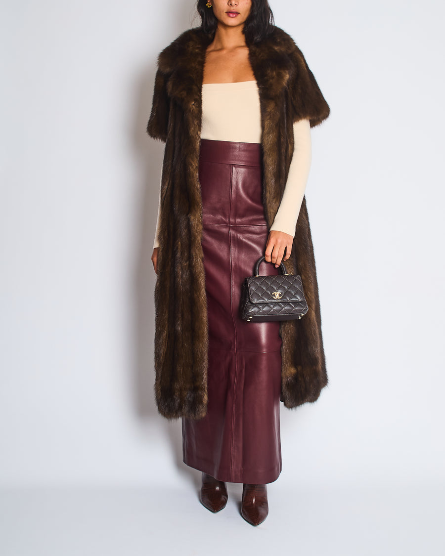 Brown Sable Real Fur Long Coat with Half Sleeve Detail Size UK 10-12