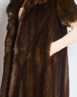 Brown Sable Real Fur Long Coat with Half Sleeve Detail Size UK 10-12