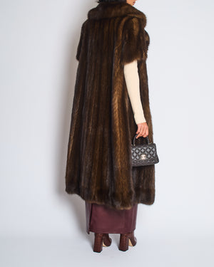 Brown Sable Real Fur Long Coat with Half Sleeve Detail Size UK 10-12