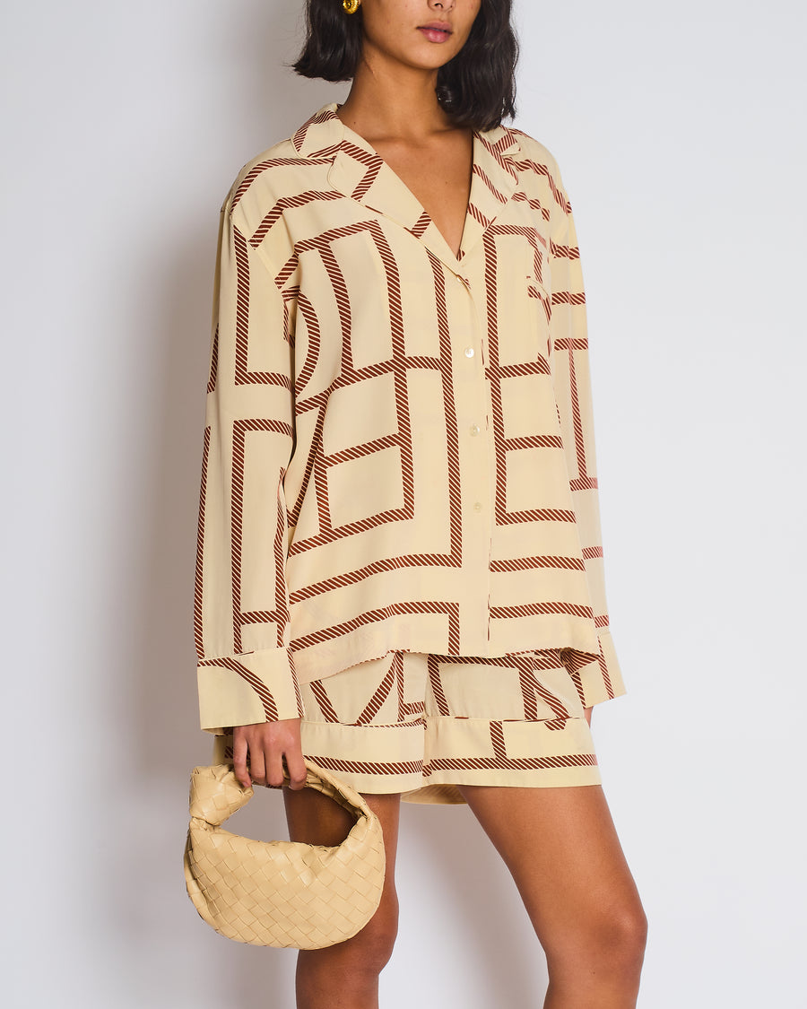 Toteme Silk Beige Long Sleeve Shirt and Shorts Set with Monogram Details Size XS (UK6)