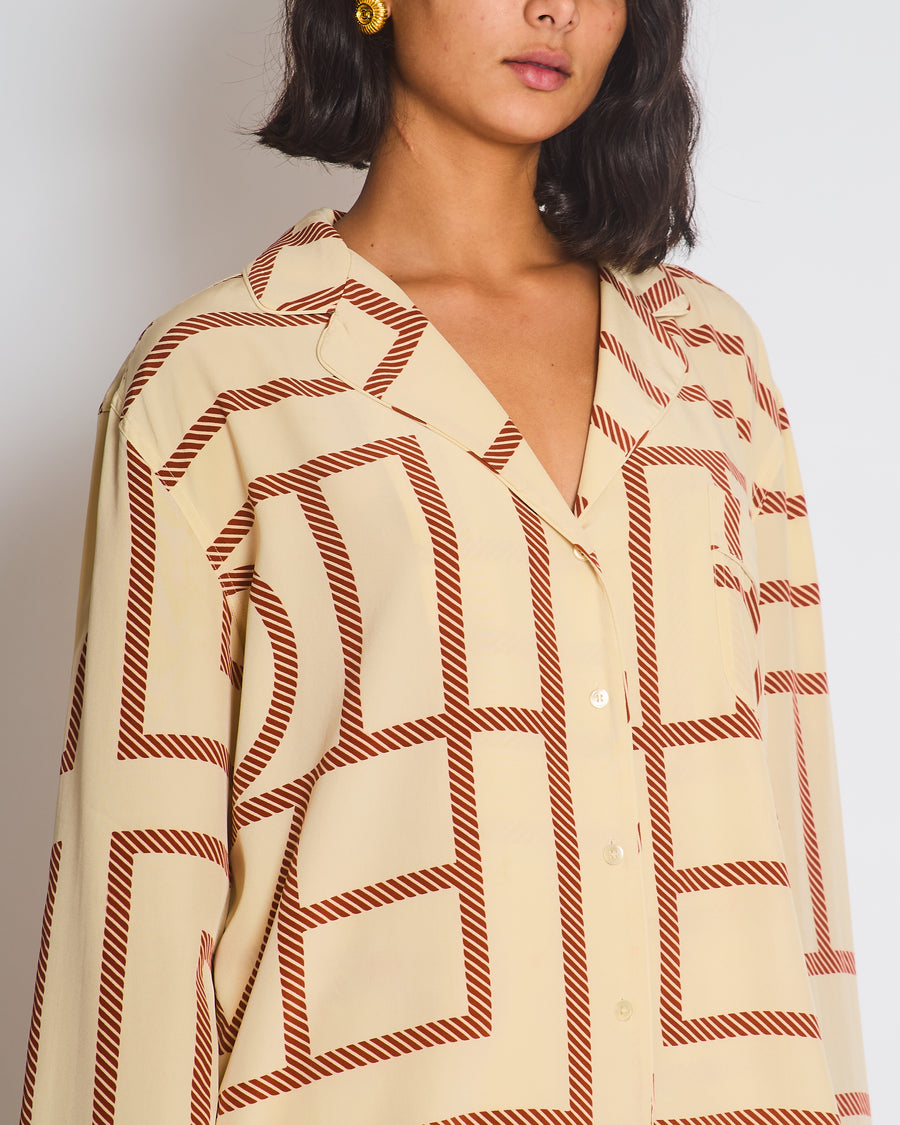 Toteme Silk Beige Long Sleeve Shirt and Shorts Set with Monogram Details Size XS (UK6)