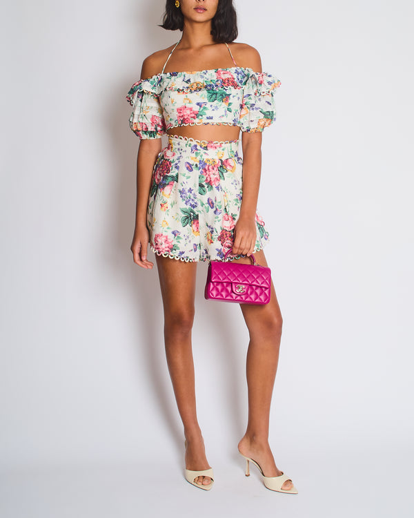 Zimmermann White Multicoloured Floral Linen Shorts and Crop Top Set Size 0 (UK 8)