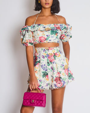 Zimmermann White Multicoloured Floral Linen Shorts and Crop Top Set Size 0 (UK 8)