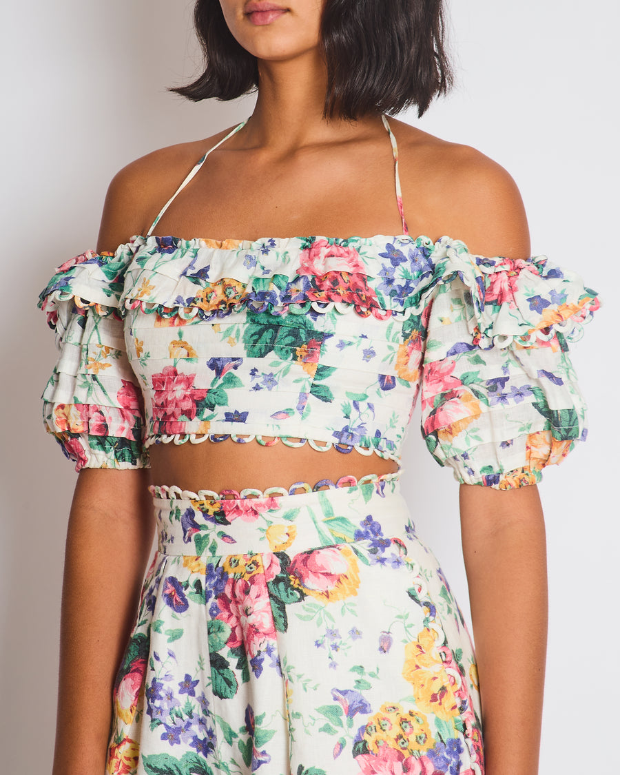 Zimmermann White Multicoloured Floral Linen Shorts and Crop Top Set Size 0 (UK 8)