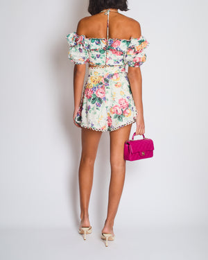 Zimmermann White Multicoloured Floral Linen Shorts and Crop Top Set Size 0 (UK 8)