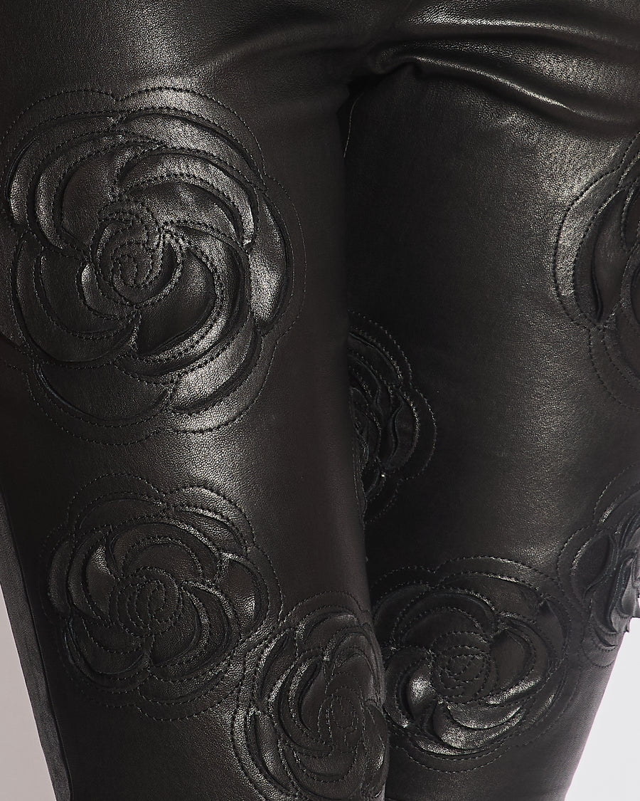 Chanel FW/2010 Black Leather Camellia Leather Pants Size FR 36 (UK 8) RRP: £4,170