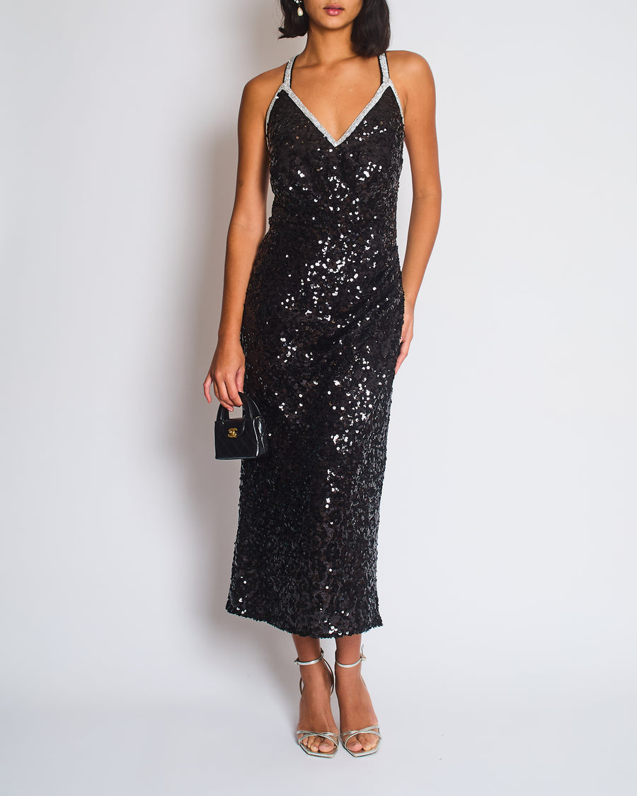 Dolce & Gabbana Exclusive Black Sequin Midi Dress with Embellished Strap Detail Size IT 48 (UK 16)