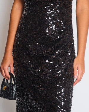 Dolce & Gabbana Exclusive Black Sequin Midi Dress with Embellished Strap Detail Size IT 48 (UK 16)