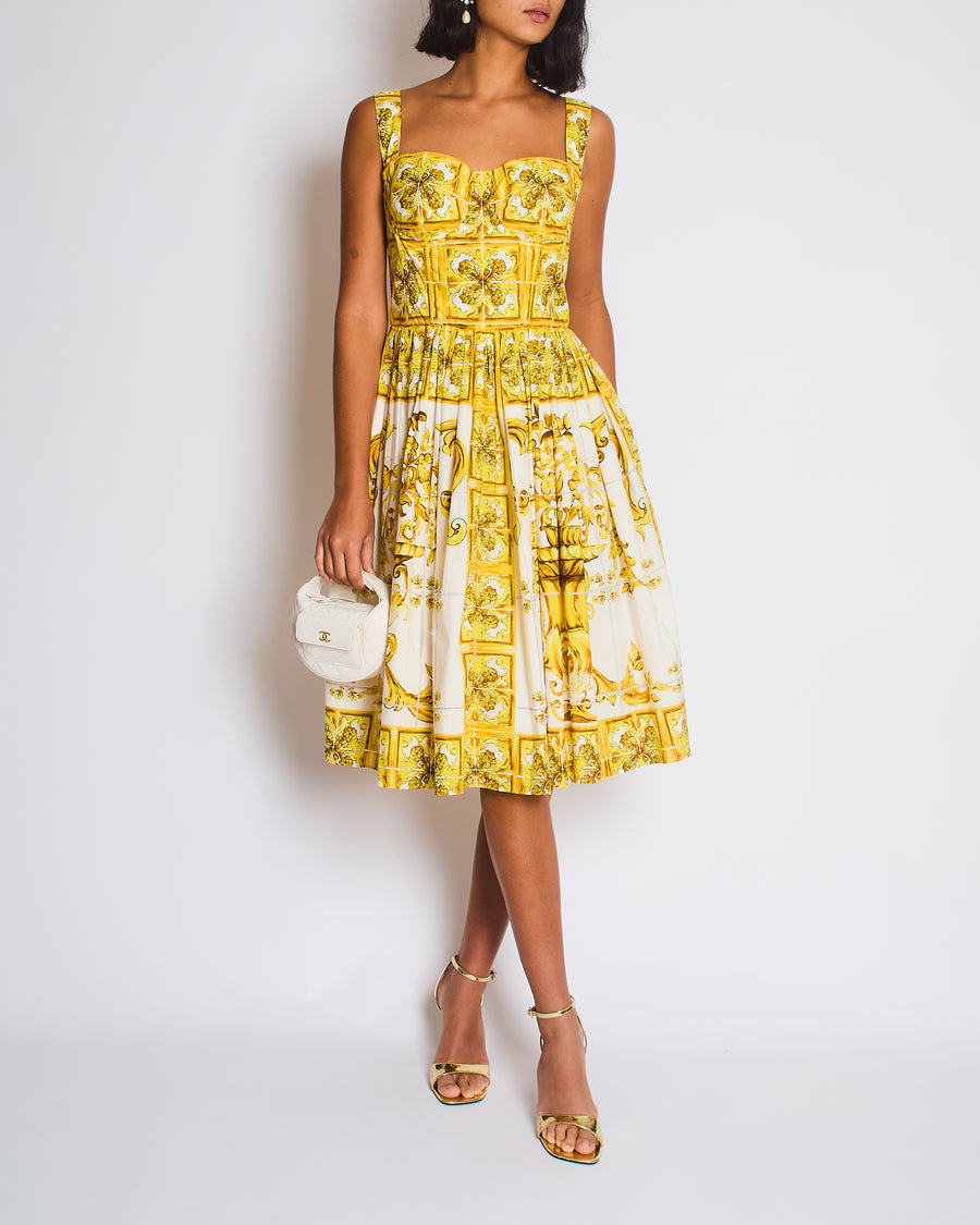 Dolce & Gabbana Yellow Majolica Print Midi Dress with Pleat Detail Size IT 44 (UK 12)