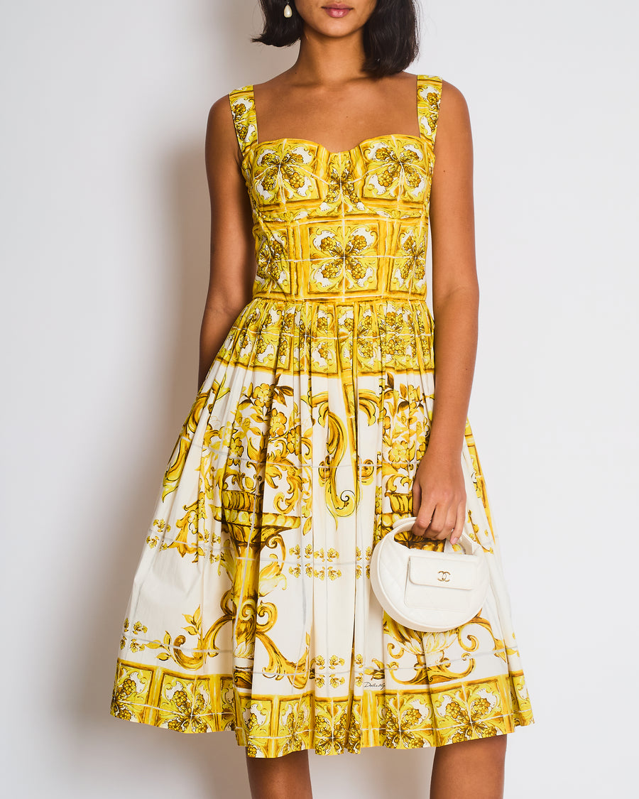 Dolce & Gabbana Yellow Majolica Print Midi Dress with Pleat Detail Size IT 44 (UK 12)