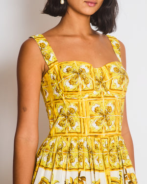 Dolce & Gabbana Yellow Majolica Print Midi Dress with Pleat Detail Size IT 44 (UK 12)