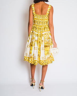 Dolce & Gabbana Yellow Majolica Print Midi Dress with Pleat Detail Size IT 44 (UK 12)