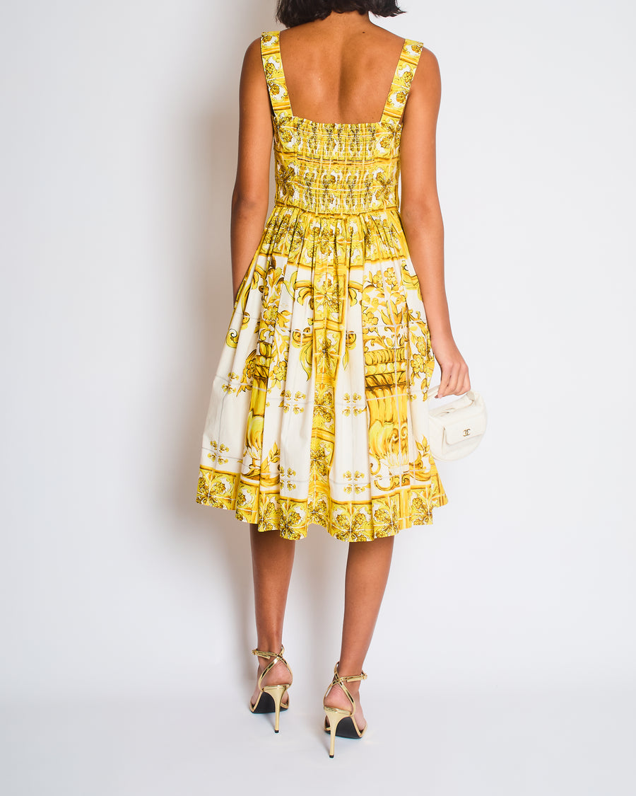 Dolce & Gabbana Yellow Majolica Print Midi Dress with Pleat Detail Size IT 44 (UK 12)