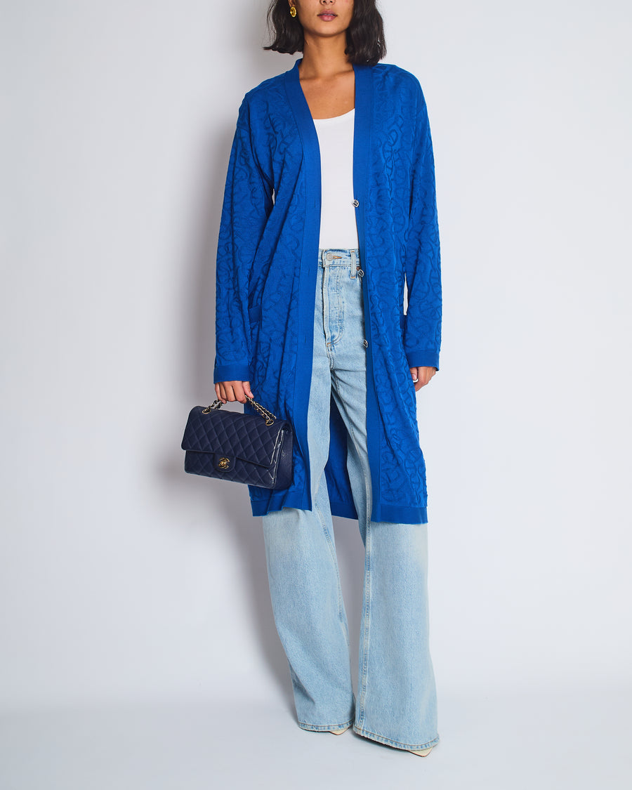 Hermès Electric Blue Silk & Cotton Long Cardigan with Chaine D'Ancre Buttons Size FR 36 (UK 8)