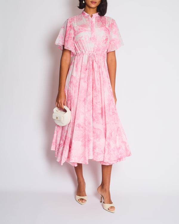 Christian Dior Light Pink, White Toile de Jouy Sauvage Cotton Printed Midi Dress Size FR 38 (UK 10)