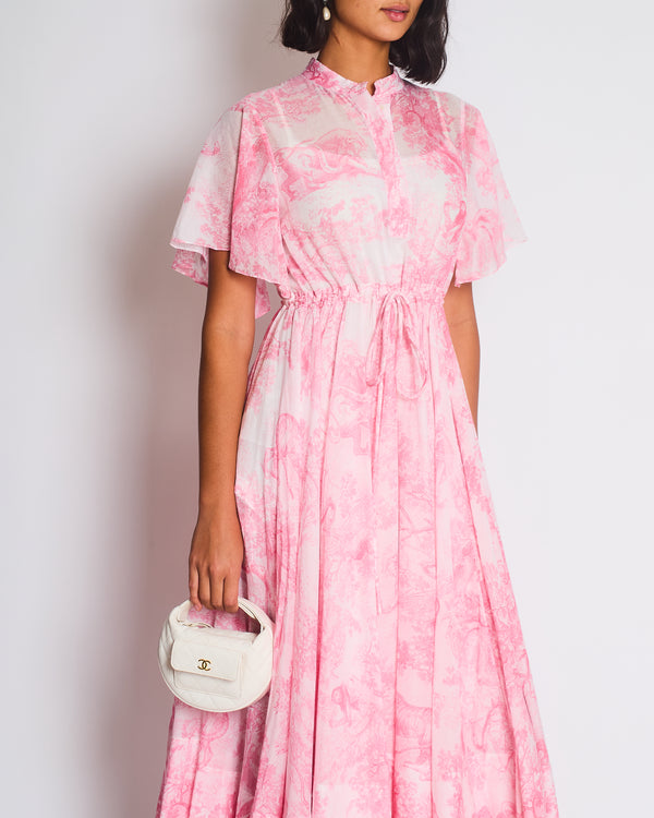 Christian Dior Light Pink, White Toile de Jouy Sauvage Cotton Printed Midi Dress Size FR 38 (UK 10)