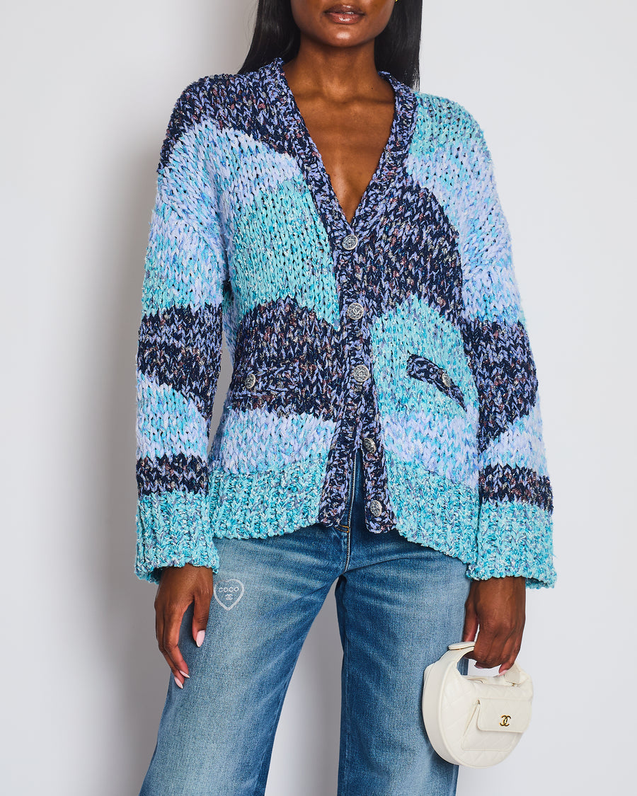 Chanel 23P Aqua Blue Metallic, Navy White Crochet Knit Oversized Cardigan with Silver Logo Crystal Buttons Size FR 36 (UK 8)